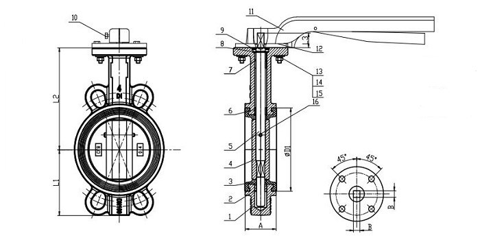 Al-Bronze Disc Pinless NBR Seat Wafer Butterfly Valve drawing
