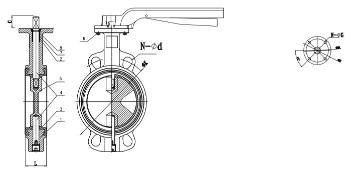 Double Stem Wafer Butterfly Valve with Aluminum Handle drawing