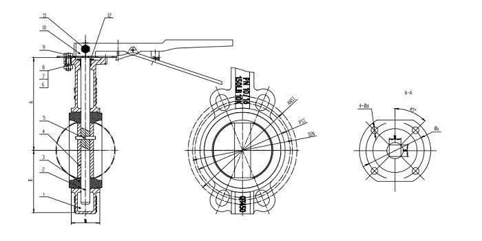 Ductile Iron Butterfly Valve Malleable Steel Lever drawing