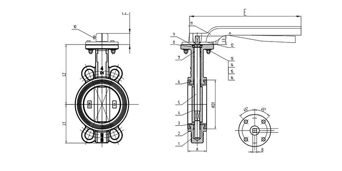 Ductile Iron Soft Seal Butterfy Valve drawing