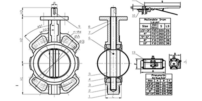 Ductile Iron With Pin Aluminum Handle Butterfly Valve drawing