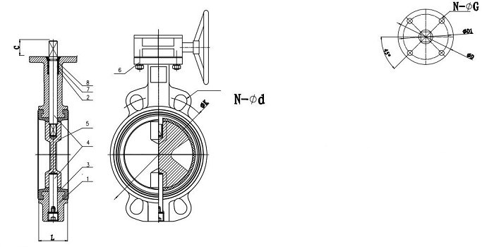 EPDM Seat Universial Type Butterfly Valve drawing