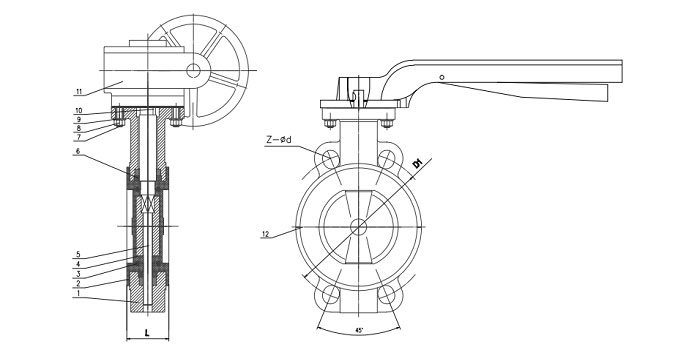 PTFE Lined Cast Steel Body Butterfly Valve drawing