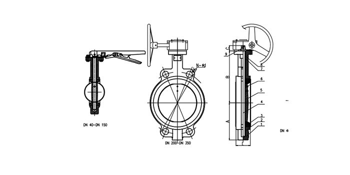 Soft Seal Butterfly Valve Lever Operation drawing