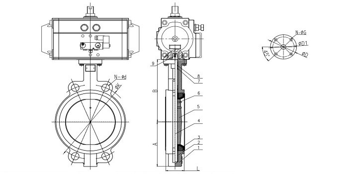 Wafer Type Pneumatic Actuator Butterfly Valve drawing