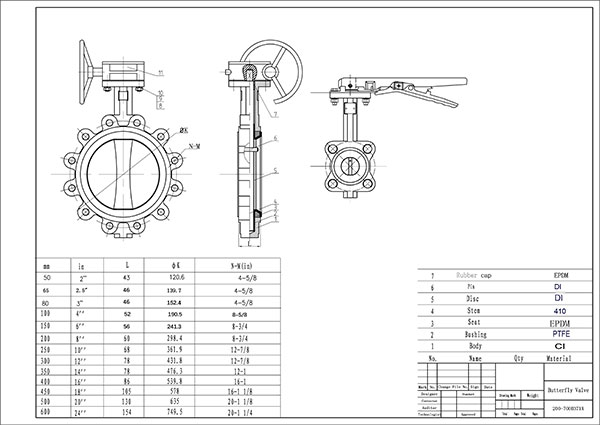 LT Butterfly valve with Iron Lever drawing