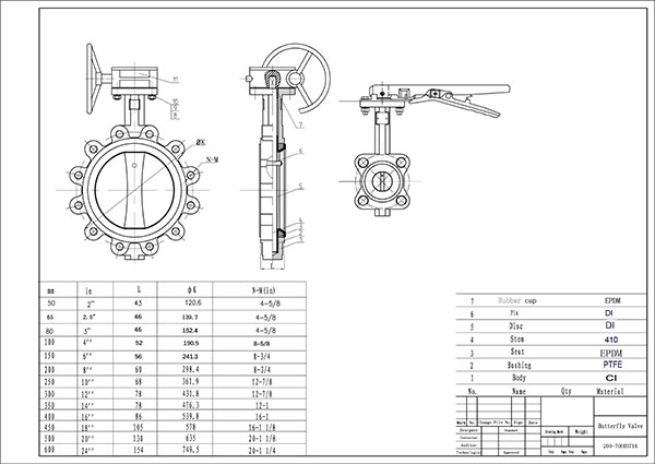Worm Gear LT Butterfly valve with pin drawing