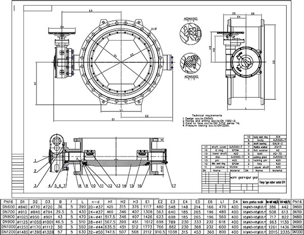 Large Size DI Double Eccentric Butterfly Valve drawing